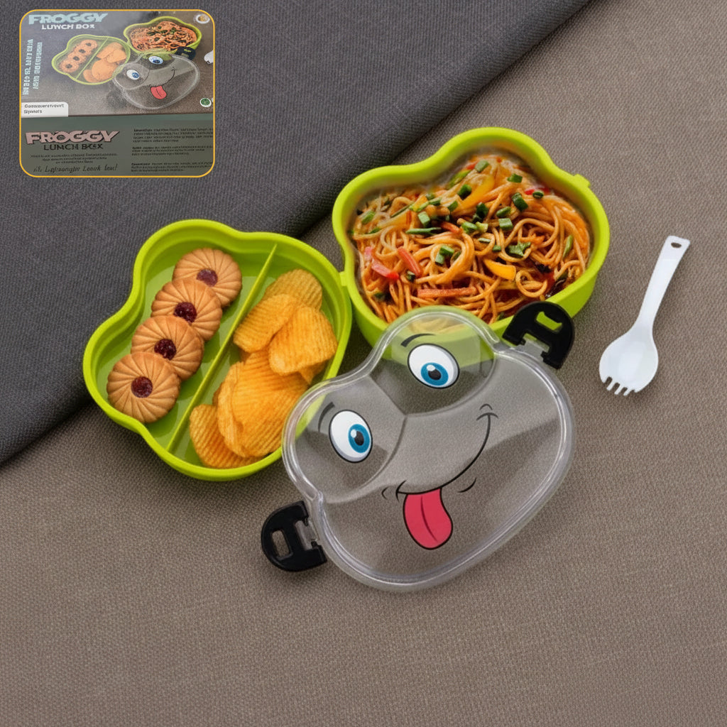 Double Layer Froggy Shape Lunch Box With Spoon (1 Pc  Mix Color)