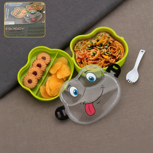Double Layer Froggy Shape Lunch Box With Spoon (1 Pc  Mix Color)