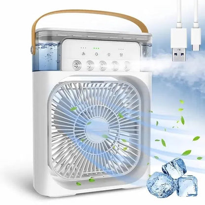 Mini Air Cooler Fan with Mist & LED Lights – Portable Personal Cooling Device