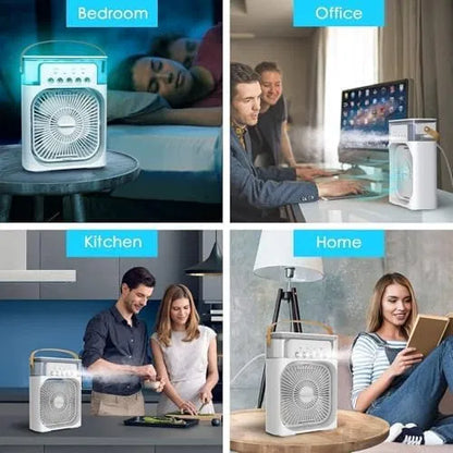 Mini Air Cooler Fan with Mist & LED Lights – Portable Personal Cooling Device