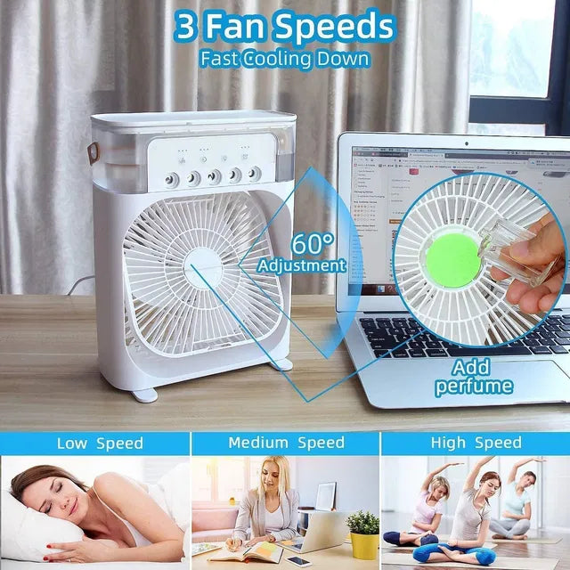 Mini Air Cooler Fan with Mist & LED Lights – Portable Personal Cooling Device