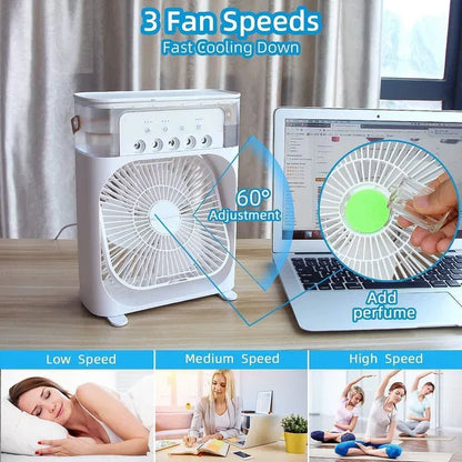 Mini Air Cooler Fan with Mist & LED Lights – Portable Personal Cooling Device