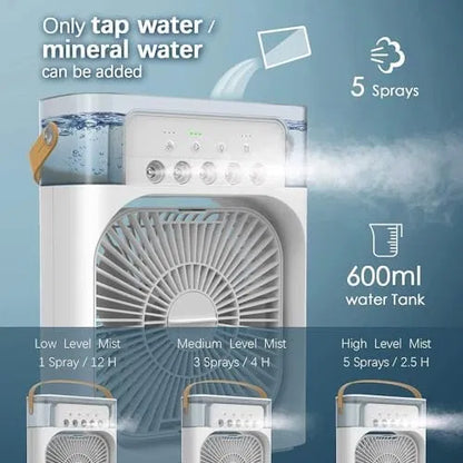 Mini Air Cooler Fan with Mist & LED Lights – Portable Personal Cooling Device