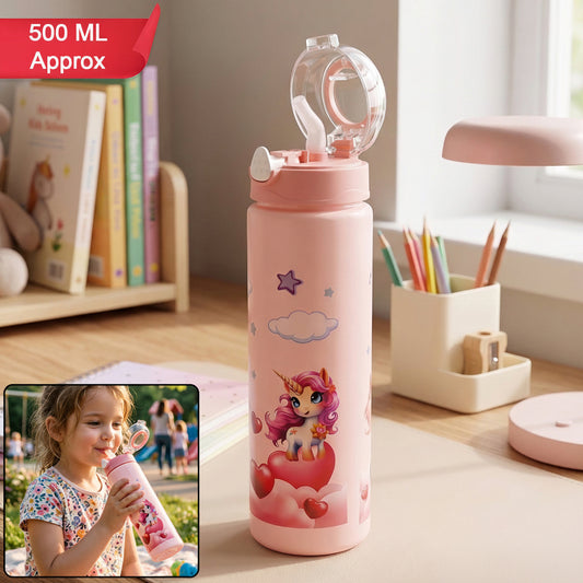 Cute Cartoon Printed Kids Water Bottle With Flip Top Lid Straw (500 Ml Approx)