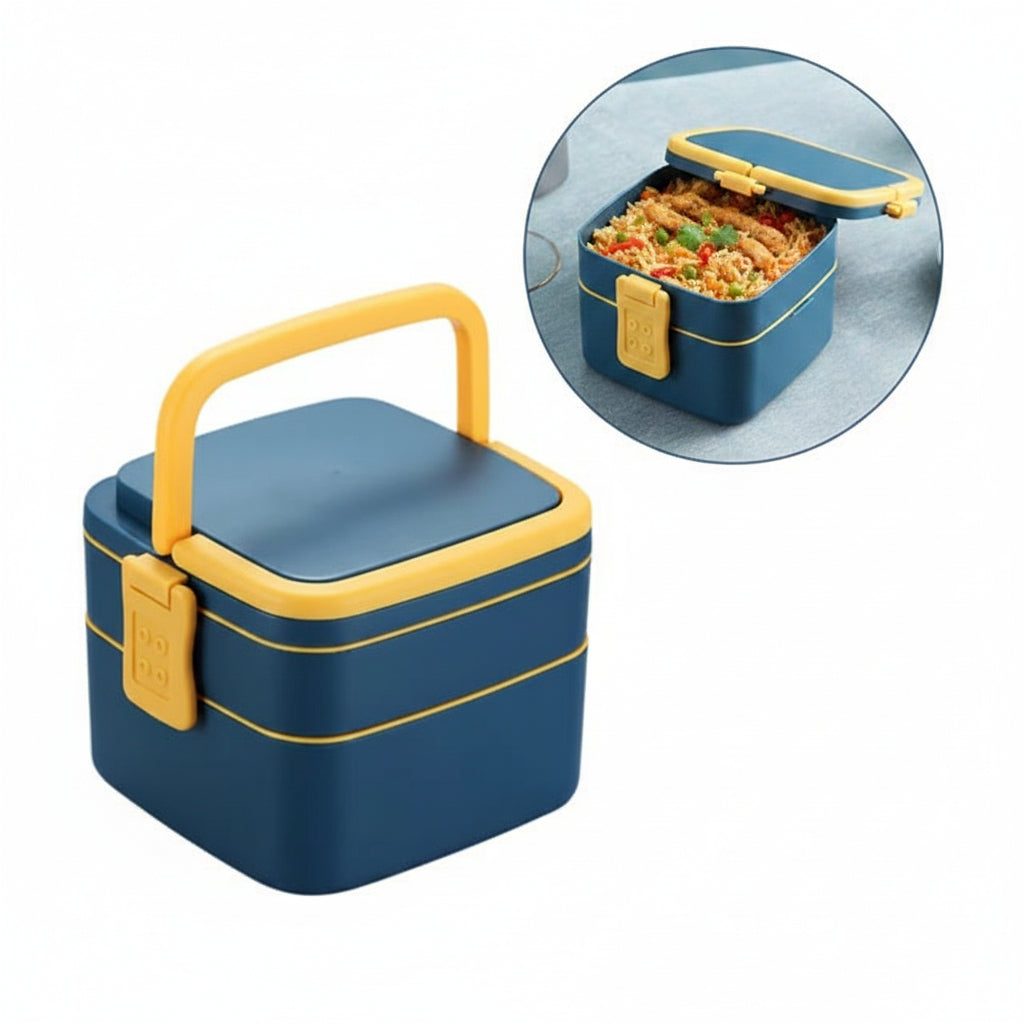 2868 Blue Double-layer Portable Lunch Box Stackable With Carrying Handle And Spoon Lunch Box